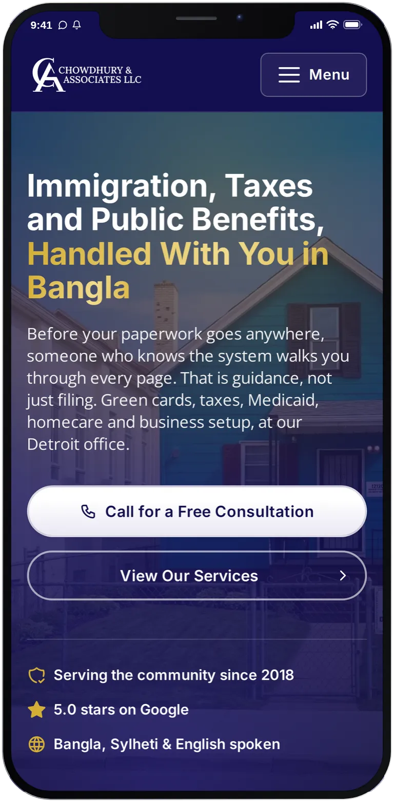 The home page on a phone: the bilingual headline, call-to-action buttons and trust row stacked in a single column.